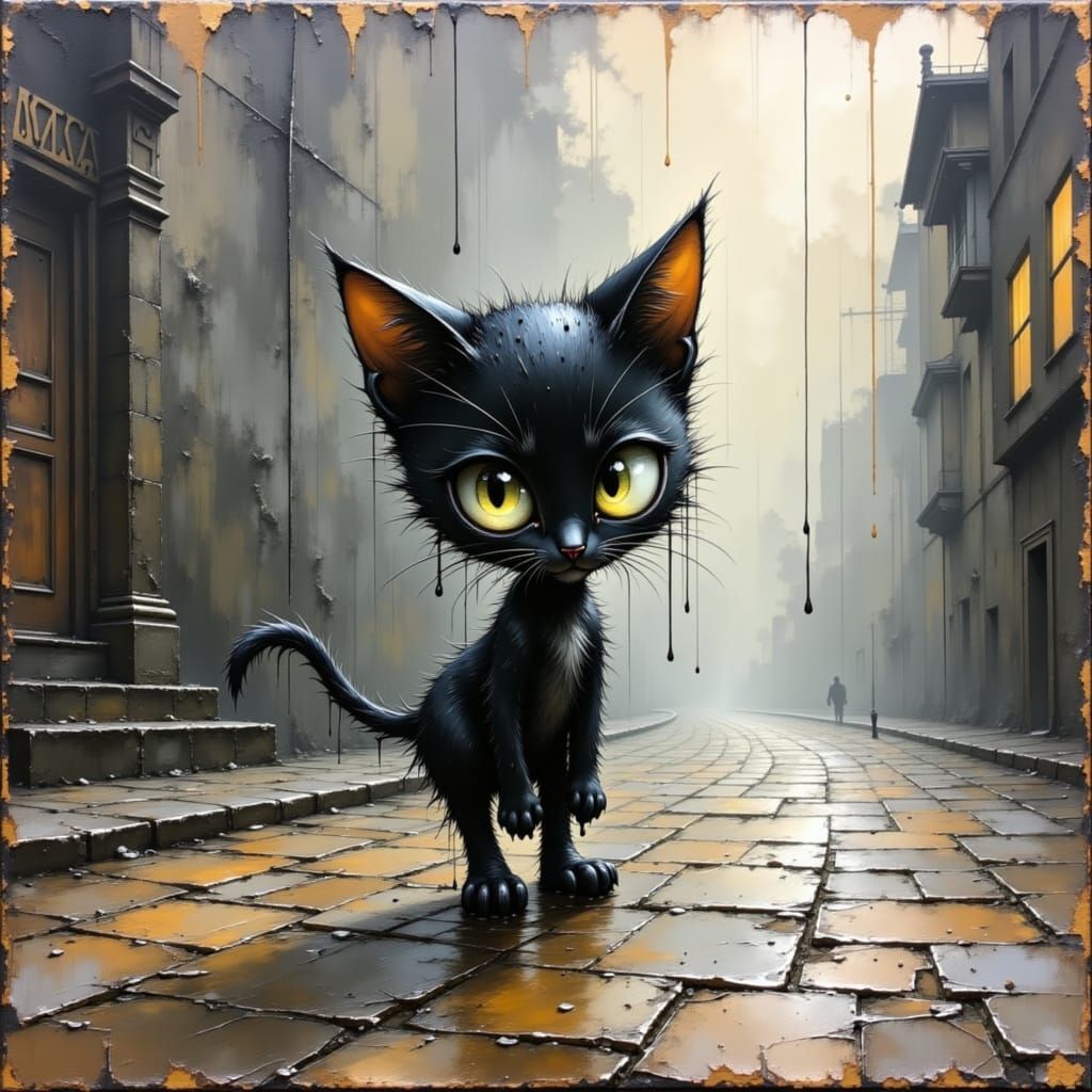 Melancholic Kitten in Rain, Impasto Oil Painting