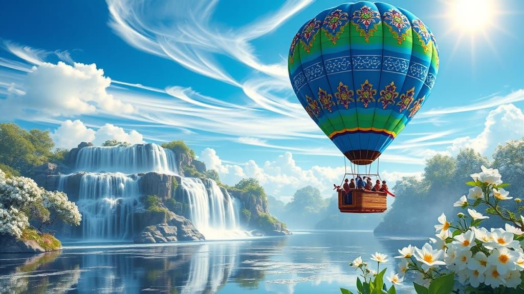 Cascading Waterfall with Ornate Bridge and Balloon