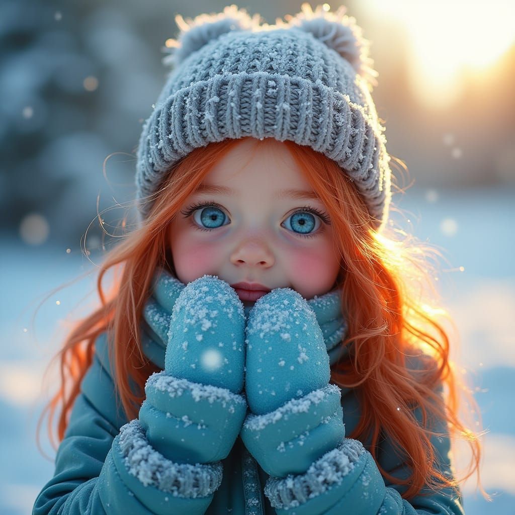 Girl with Electric Blue Eyes in Winter Landscape
