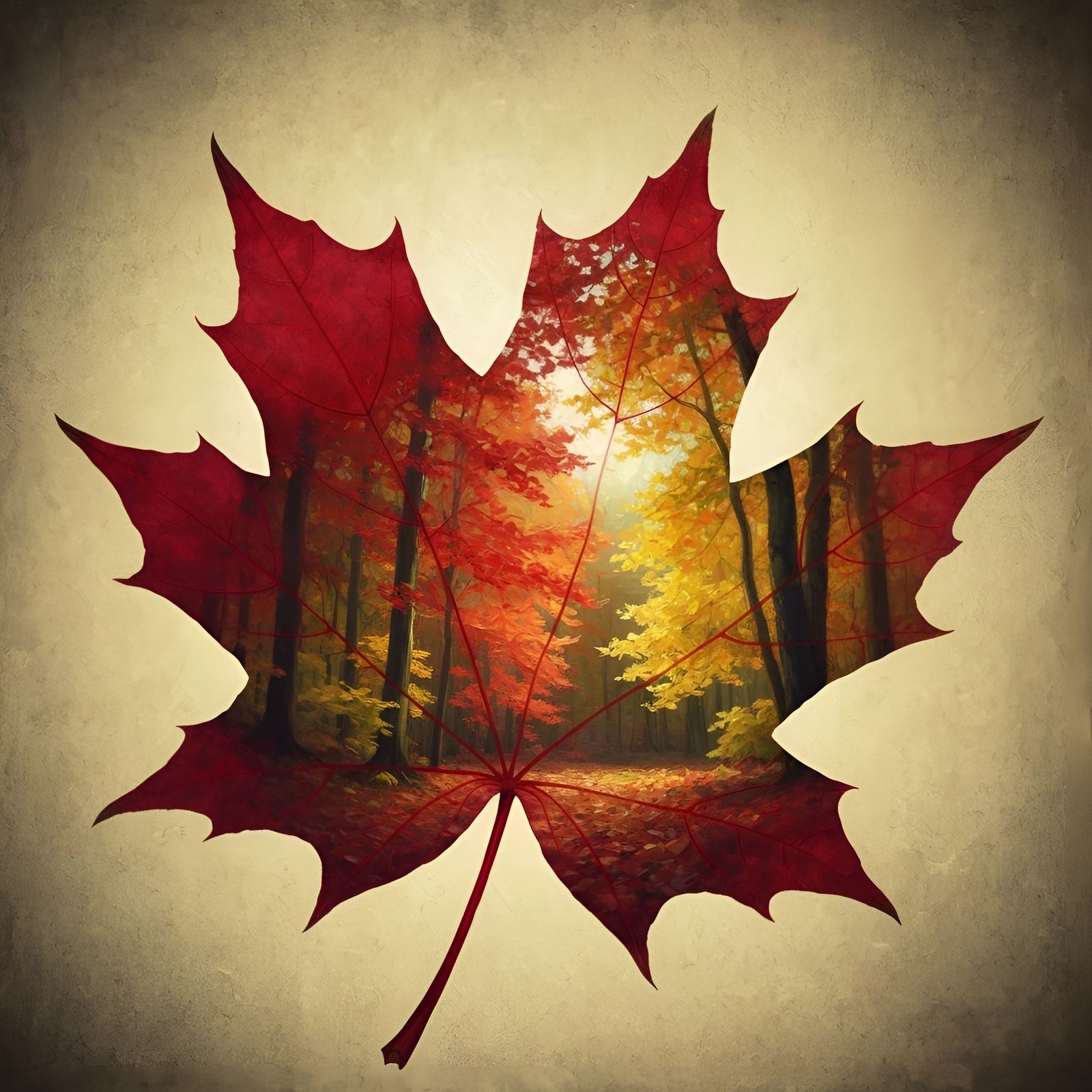 Autumn Portal Through Maple Leaf in Gouache Style