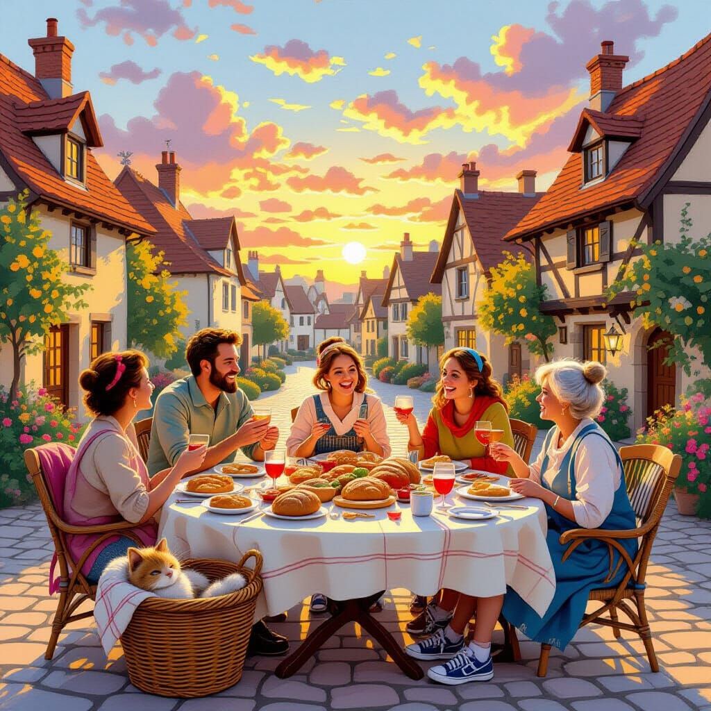 Festive Village Feast with Sleeping Cat