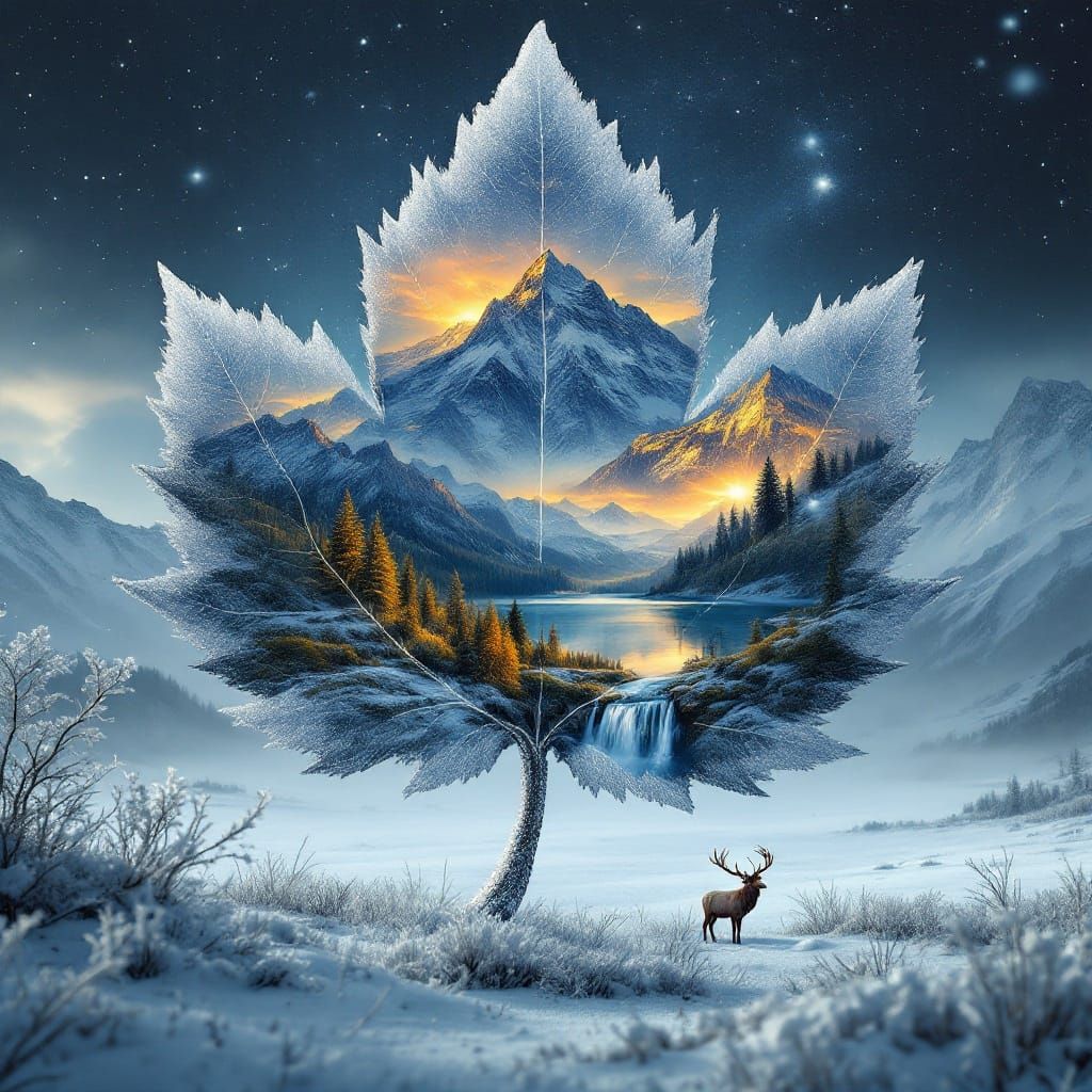 Winter Wonderland Scene in a Frosty Leaf