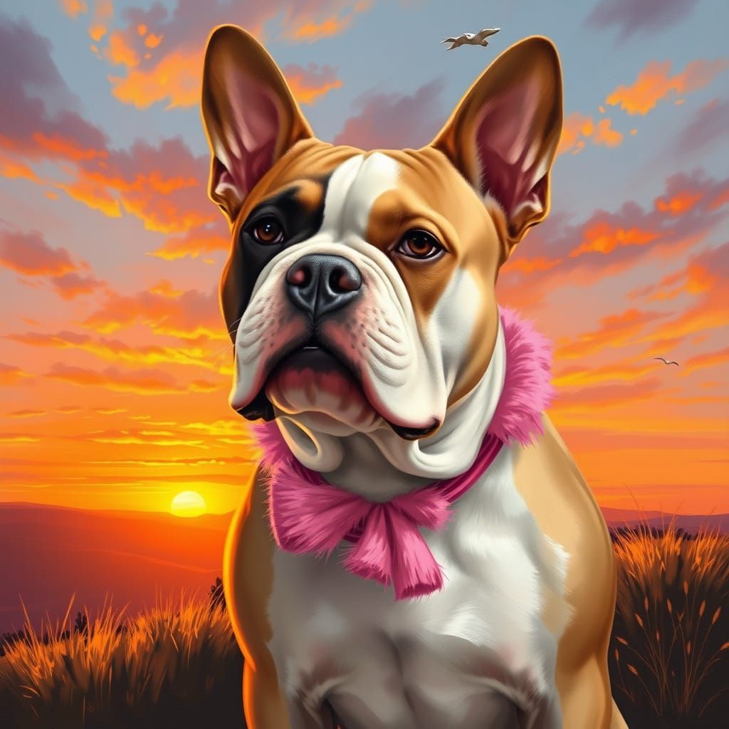 Bulldog with Pink Ribbon at Sunset, Modern Portrait