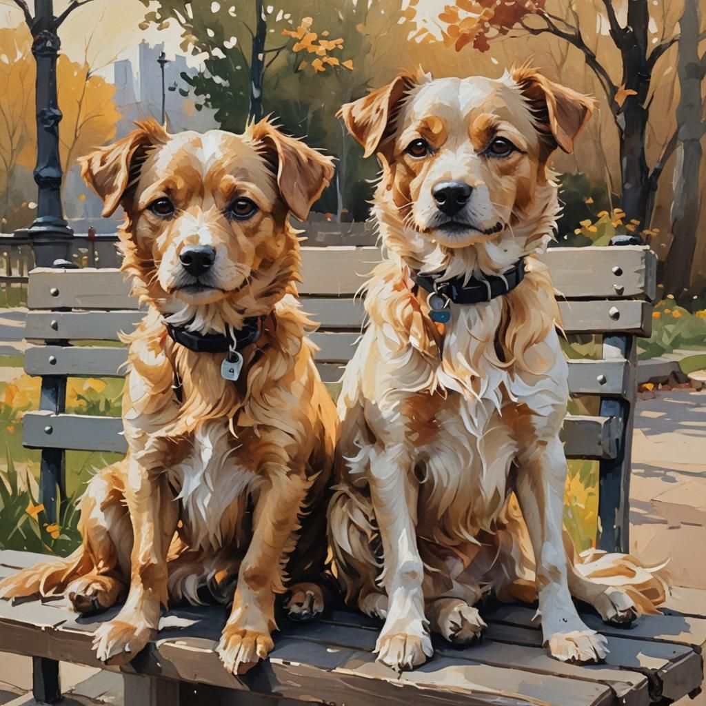 Dogs Snuggling on Bench in Impressionist Style