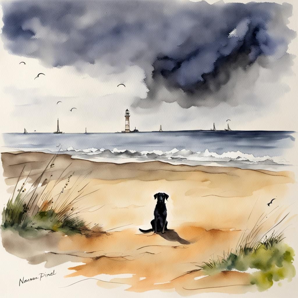 Greyhound Running on Beach in Watercolor Style