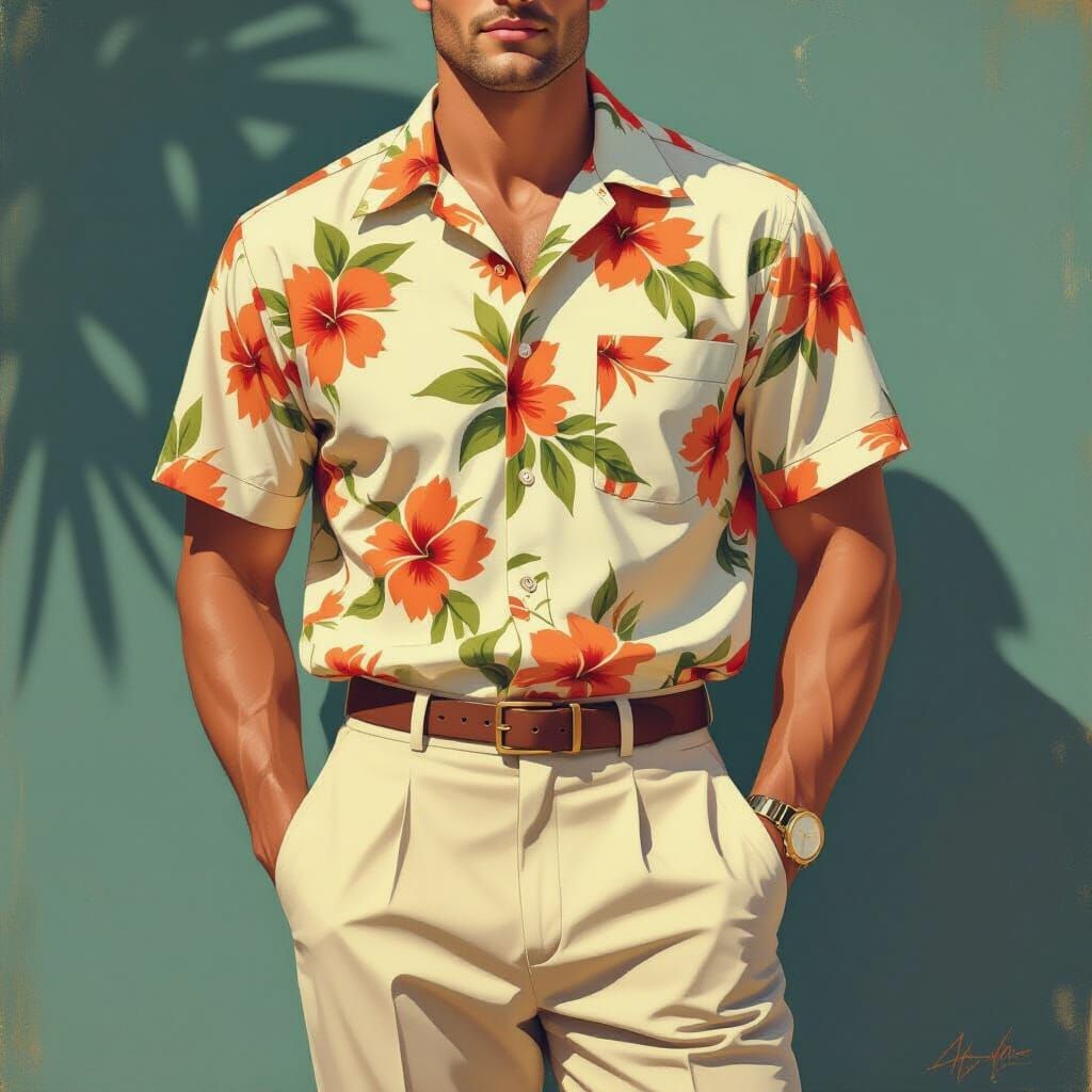Elegant Man in Hawaiian Shirt, 1950s Fashion