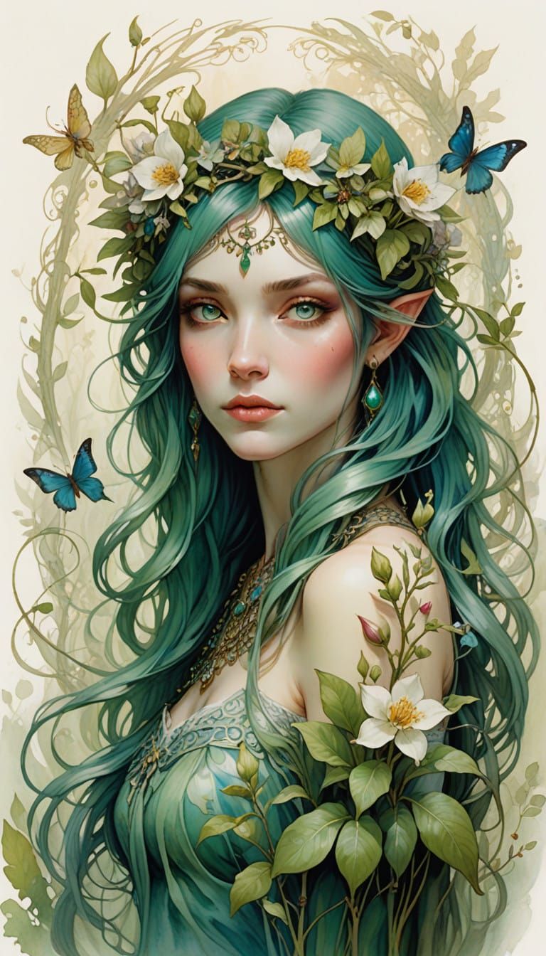 Enchanting Pre-Raphaelite Goddess with Emerald Hair and Exot...