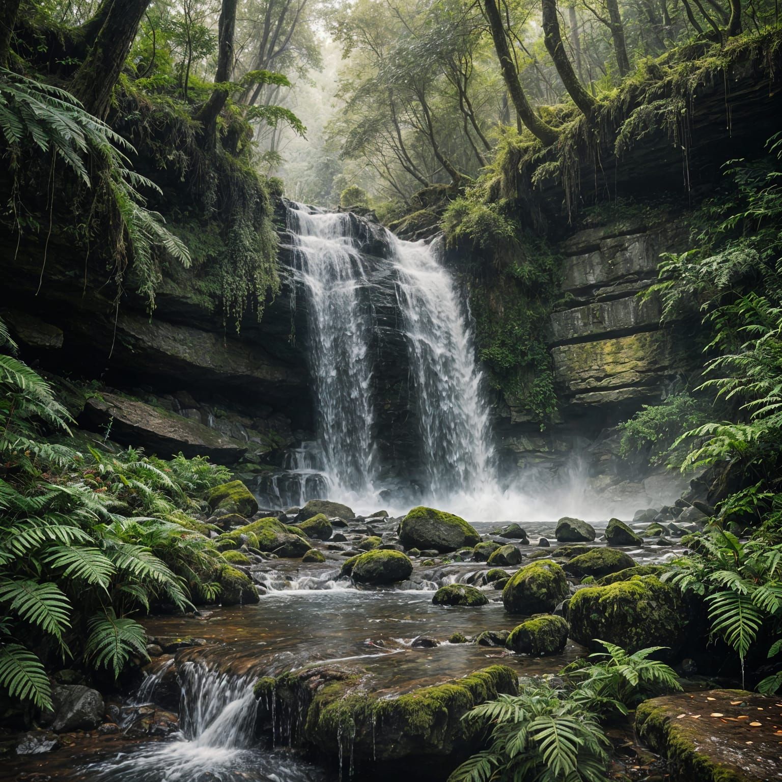 Dramatic Waterfall in Ancient Forest: Photorealistic Film St...