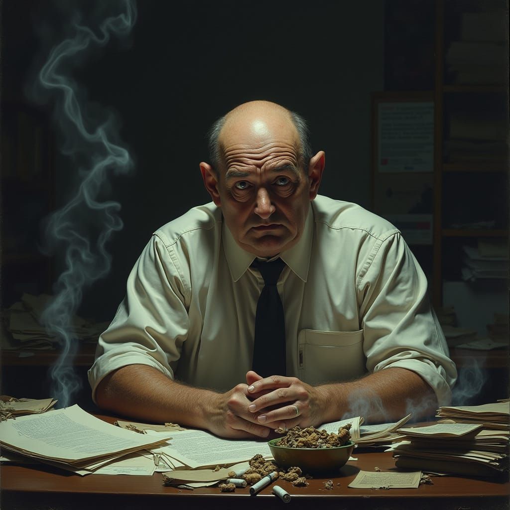 Exhausted Bald Man in Chaotic Room, Noir Style