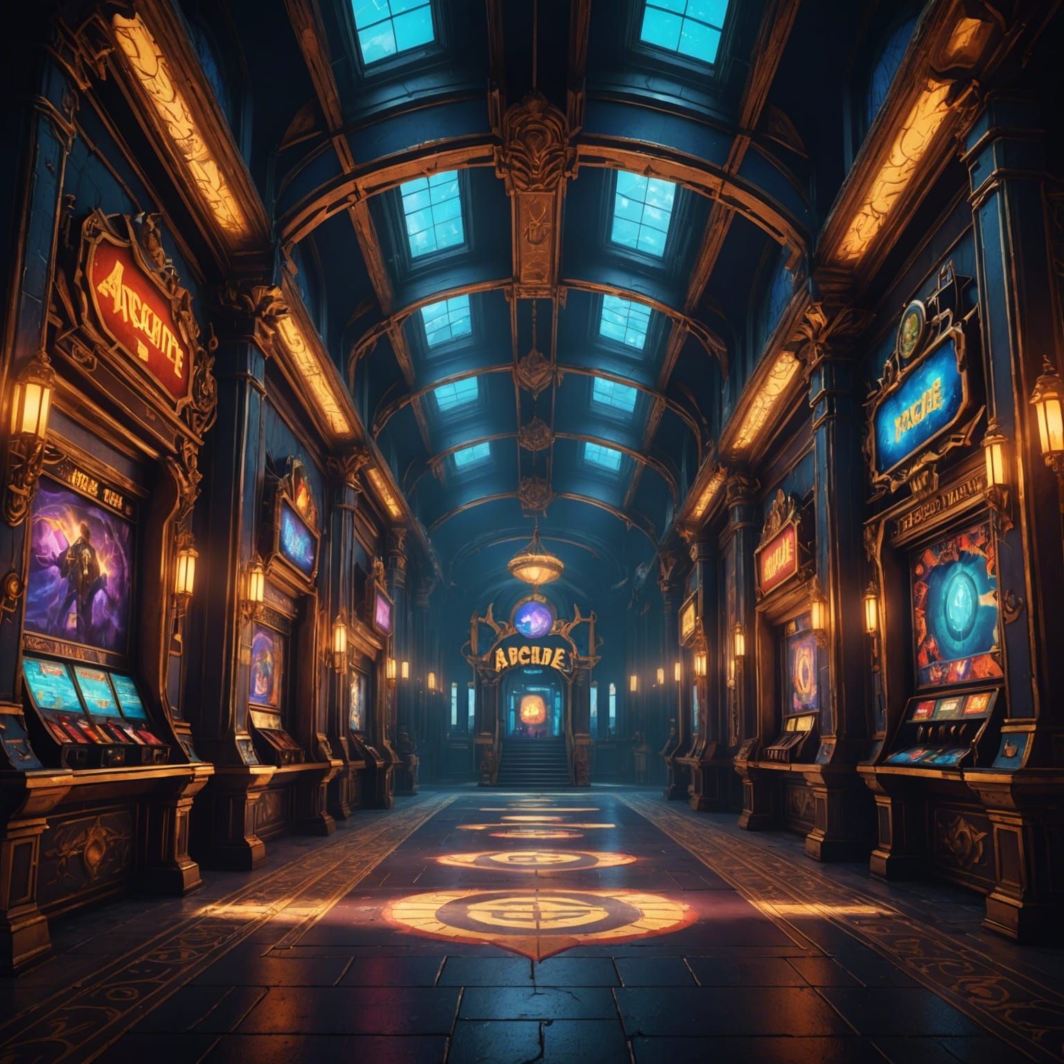 Fantastical Arcade Hall in Detailed Matte Painting Style