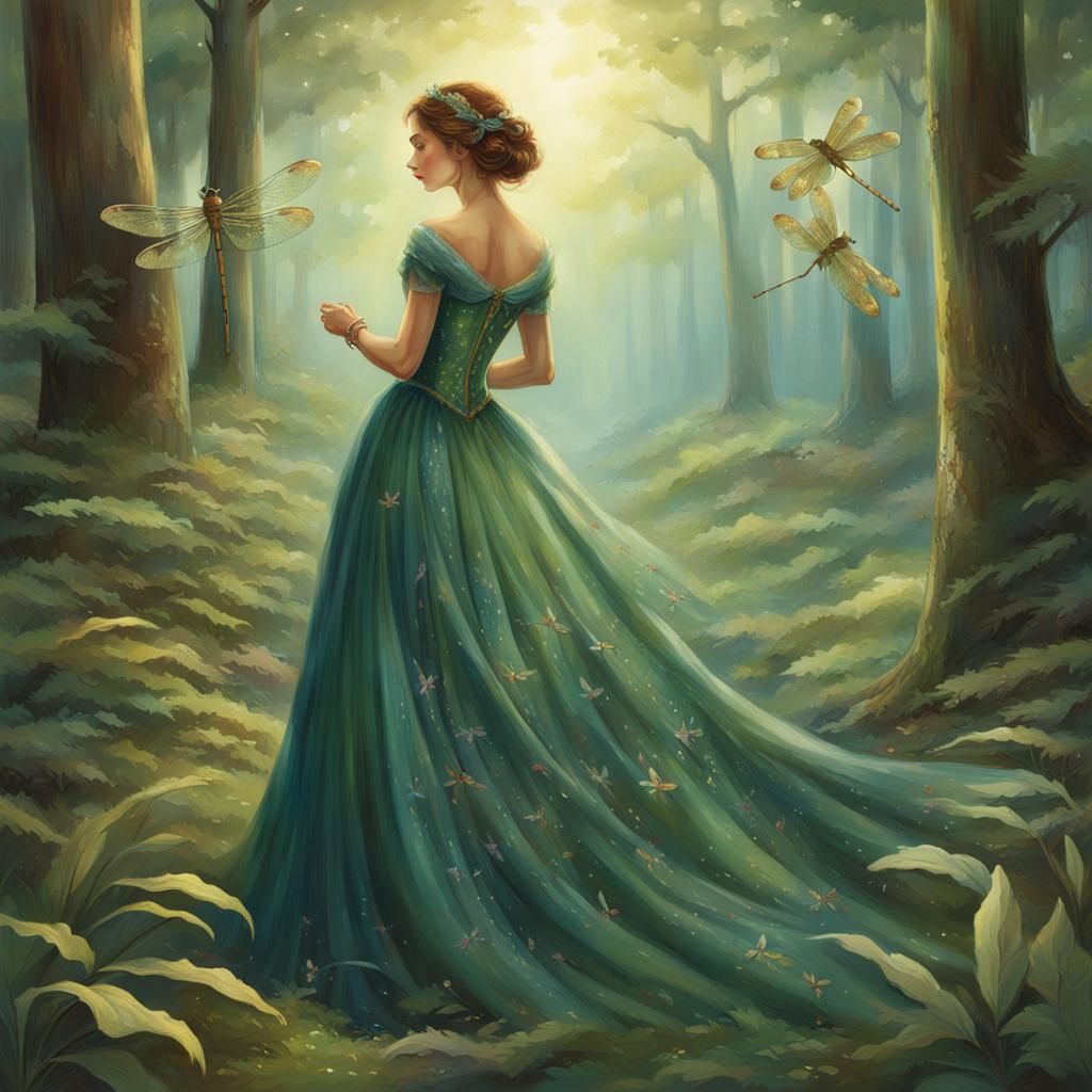 Fairytale Forest Scene with Woman and Dragonfly