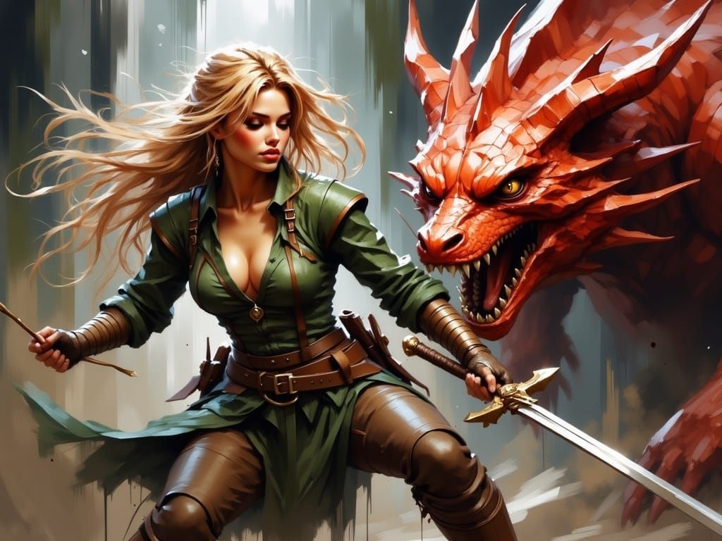 Elegant Elf Maiden Defends Against Fiery Dragon in Hyper-Rea...