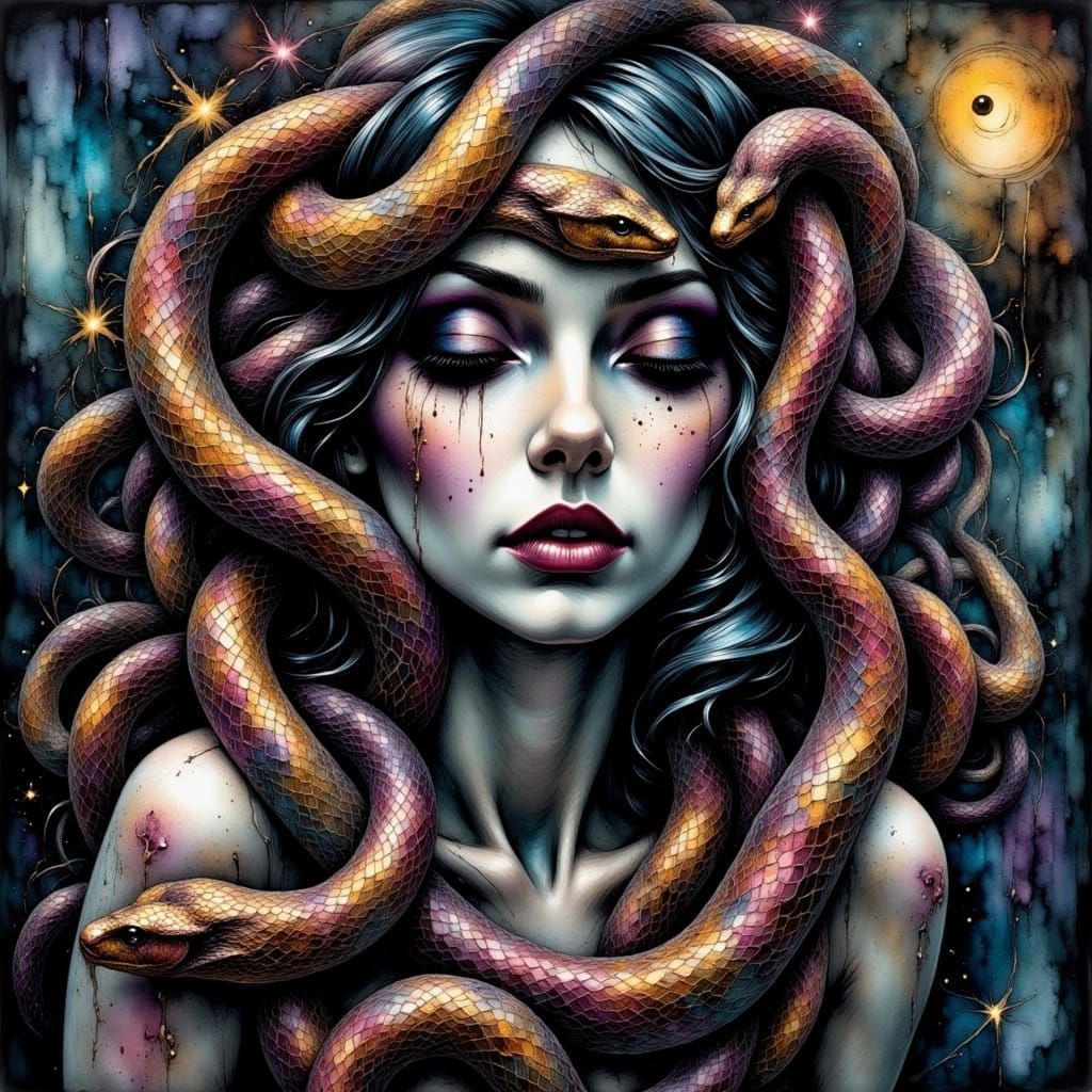 Impressionist Dark Fantasy Portrait with Snakes for Hair