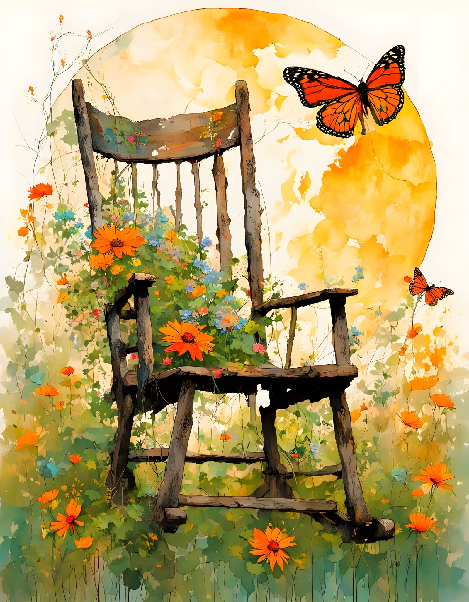 Rustic Rocking Chair Reclaimed by Nature, Watercolor Art