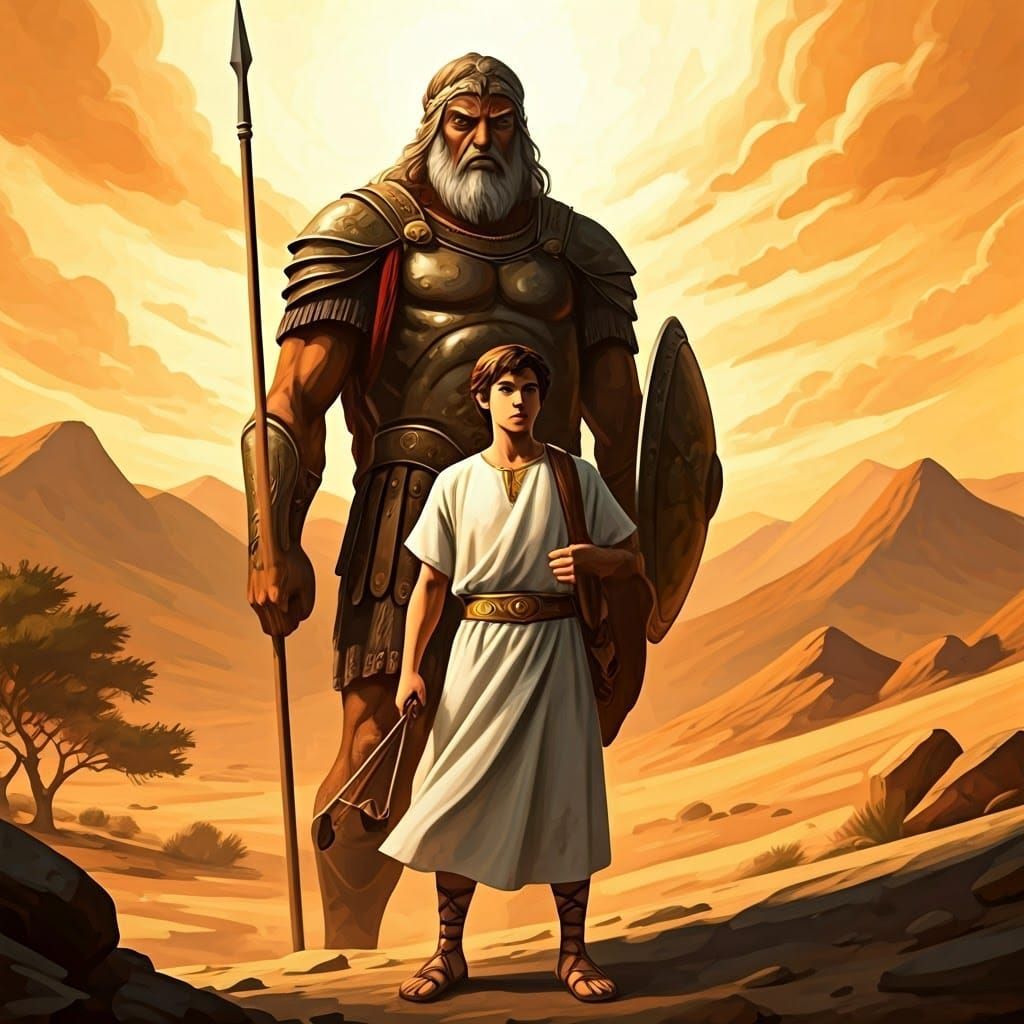 Heroic Young David Prepares to Face Armored Goliath in Ancie...