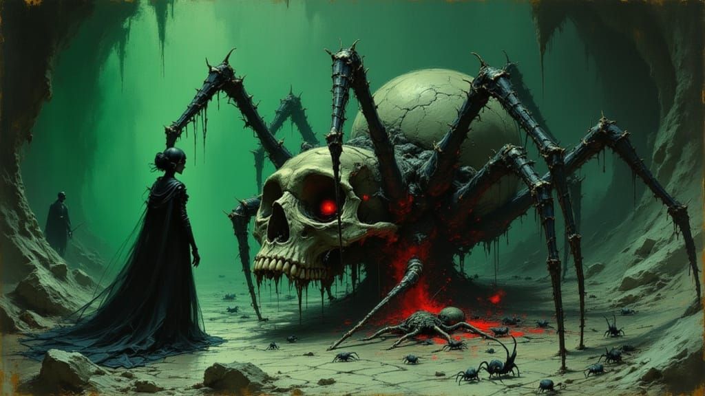 Spider Queen in Gothic Cave with Eerie Glow