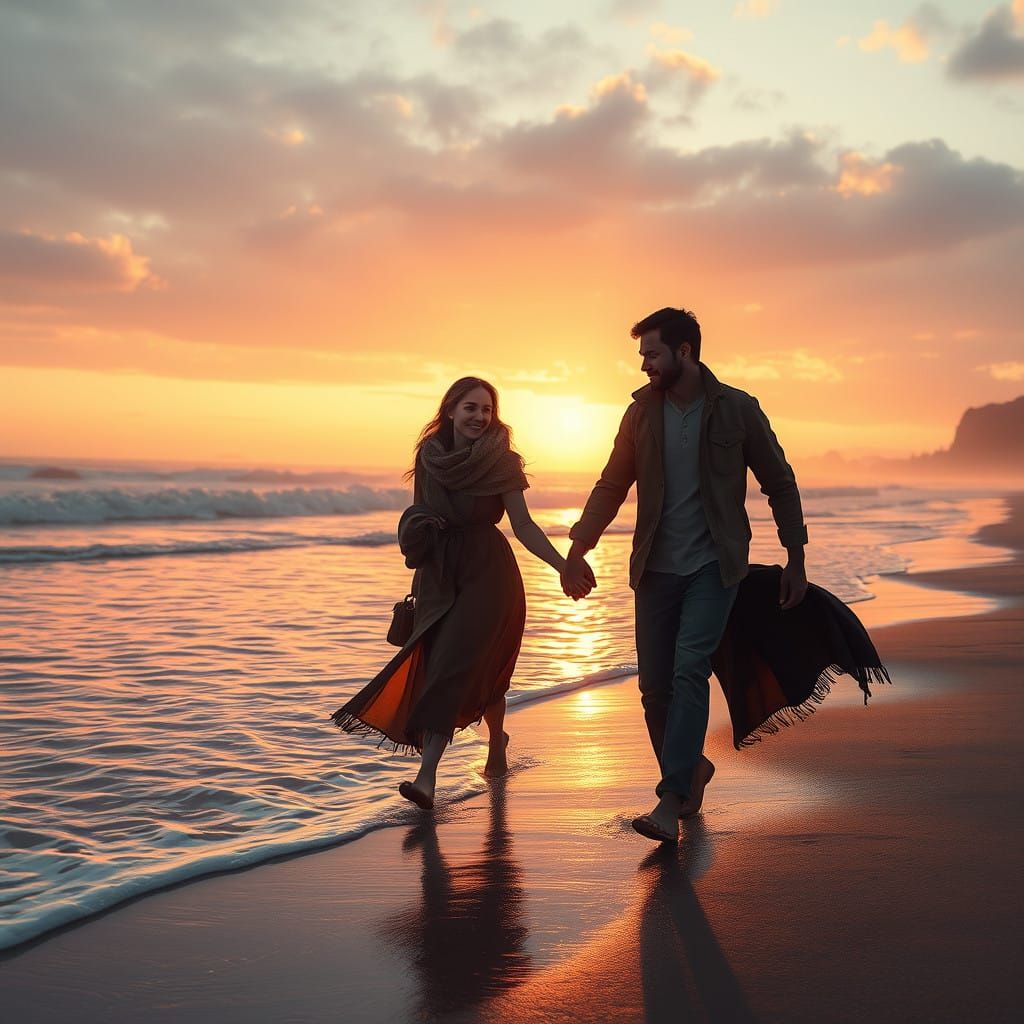 Romantic Beach Stroll in Sunset Glow