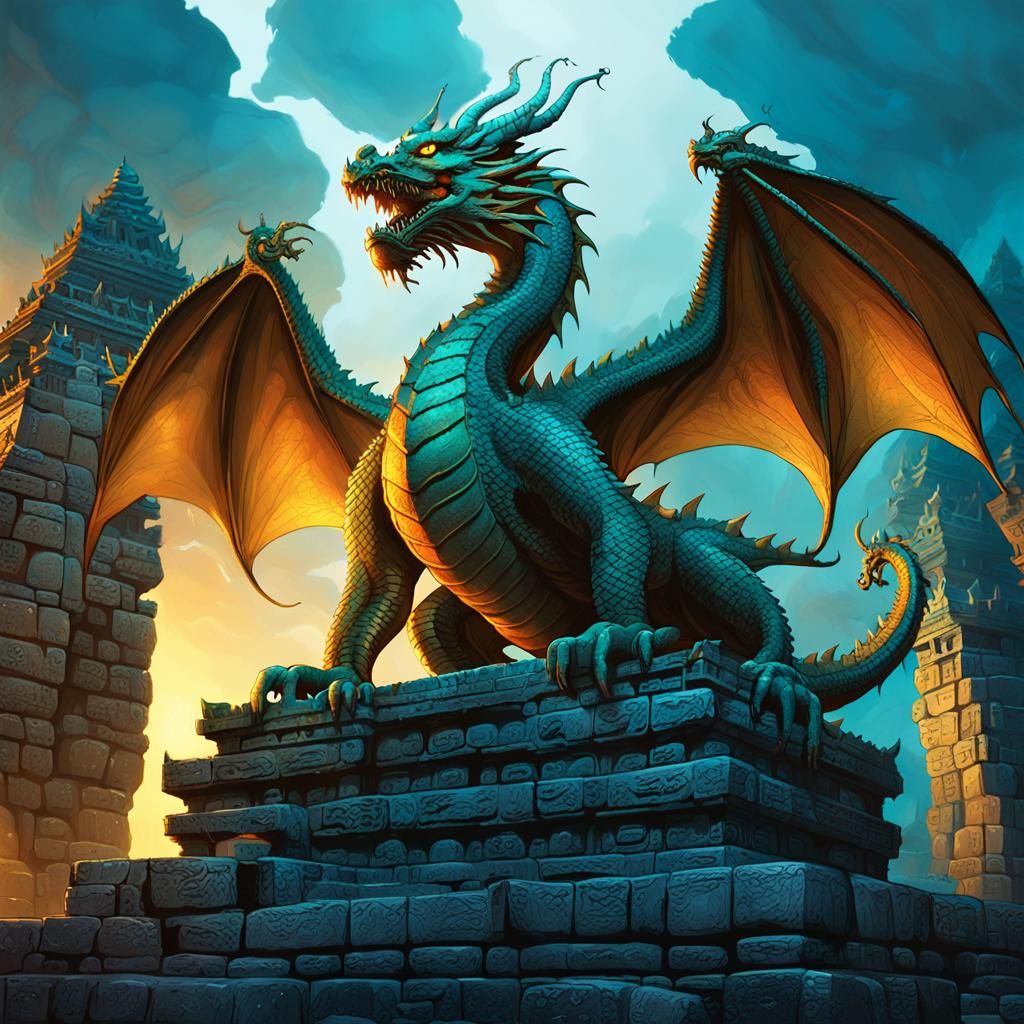 Dragon Perched Atop Ancient Temple in Comic Style
