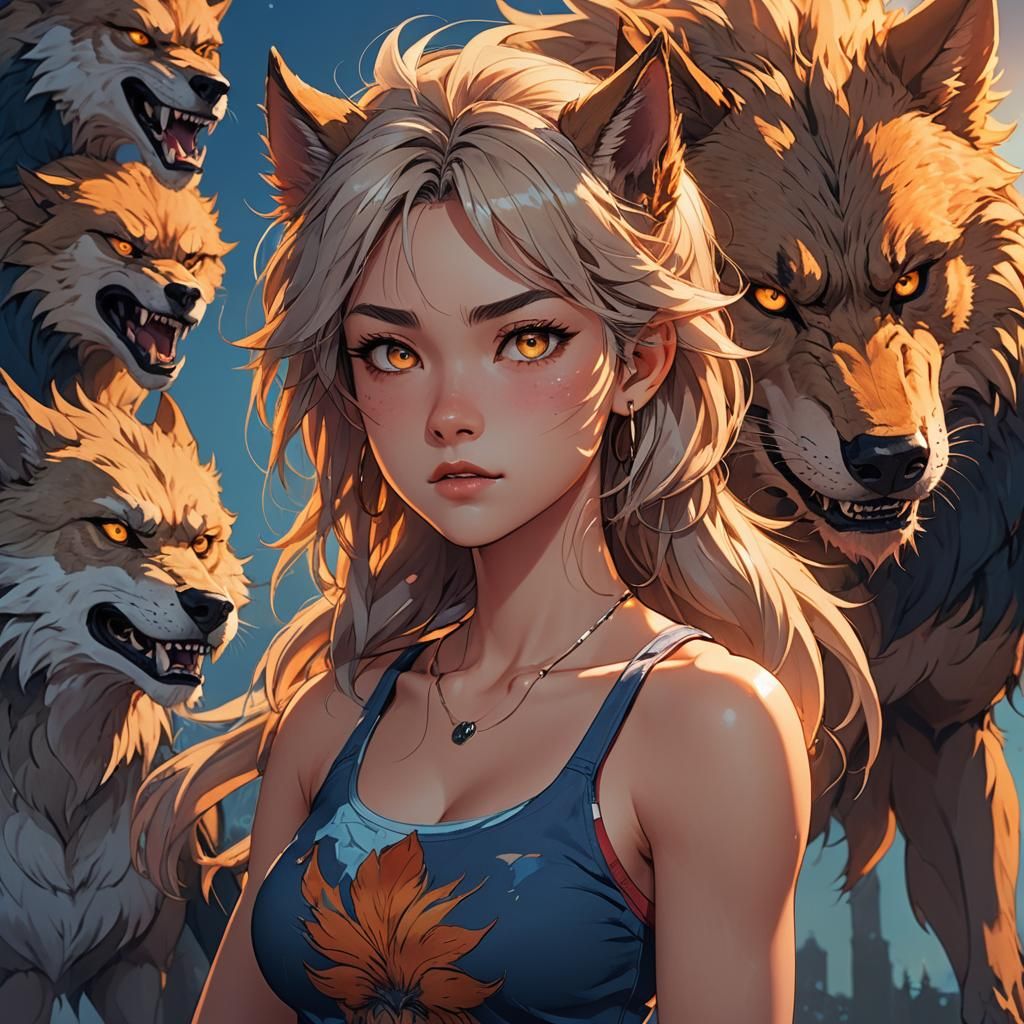 Fierce Anime Werewolf Girl in Vibrant Sunset