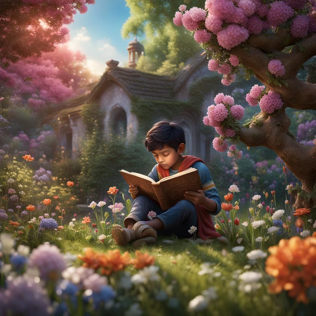 Indian Boy Reading Book in Spring Garden