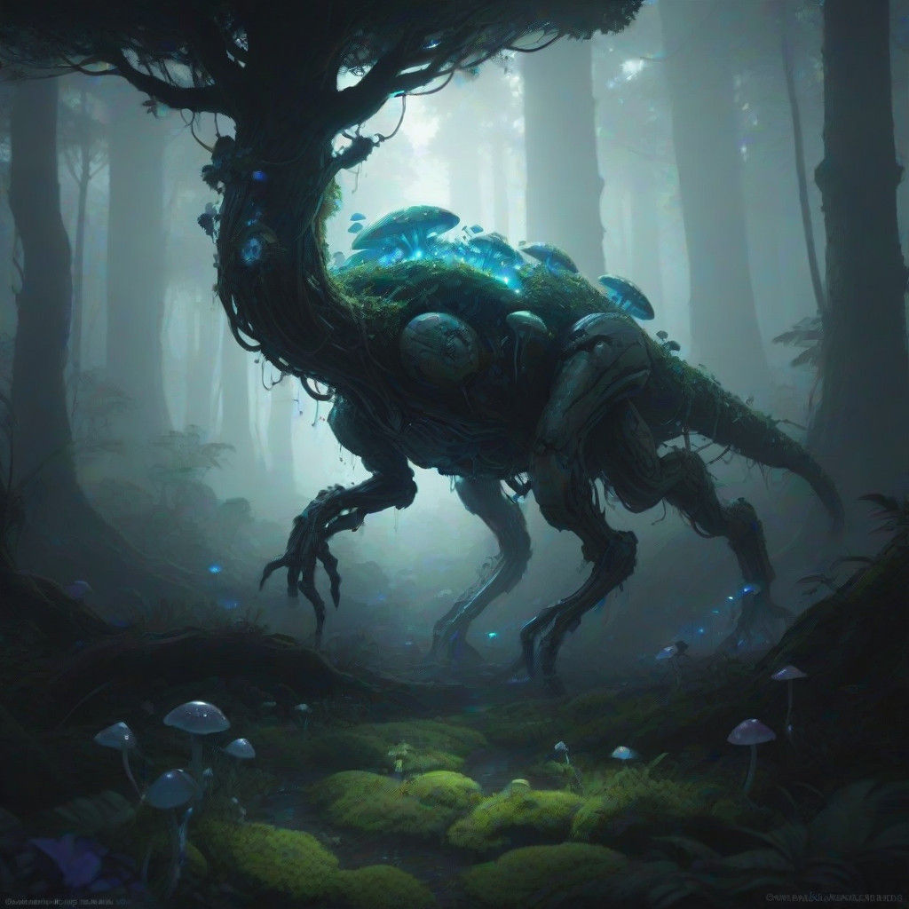Ethereal Forest Guardian in Bioluminescent Twilight