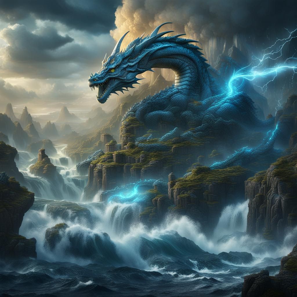 Majestic Storm Dragon in Fantasy Landscape