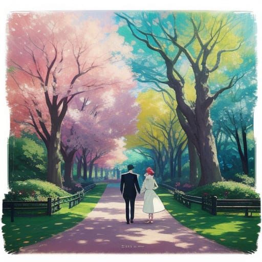 Anime Couple in Vibrant Park Art Nouveau Illustration