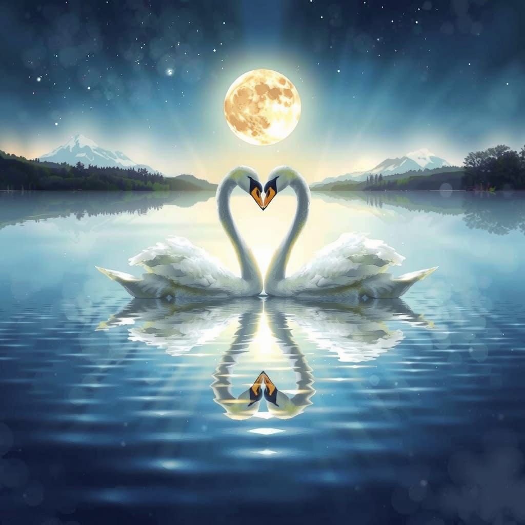 Swans on Moonlit Lake: Romantic Watercolor Art