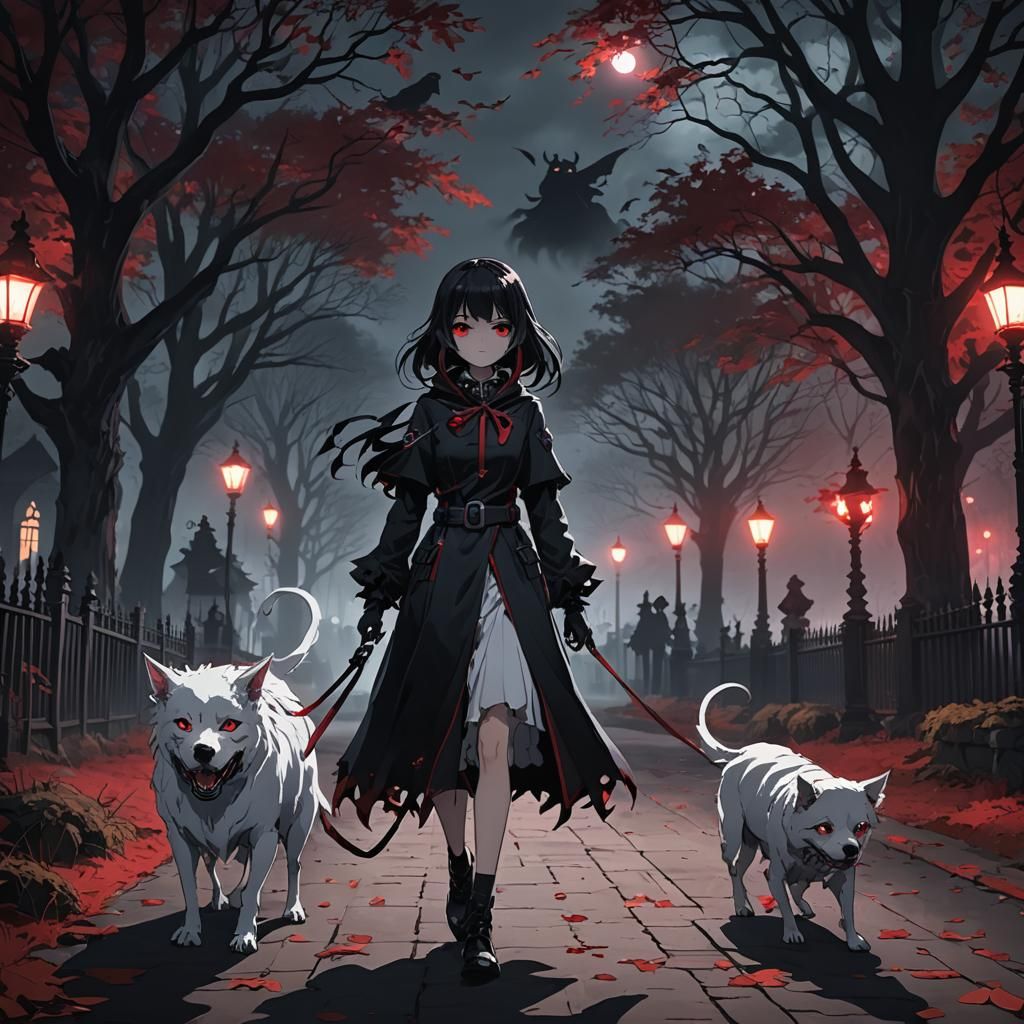 Ghost girl taking demon dogs for walks