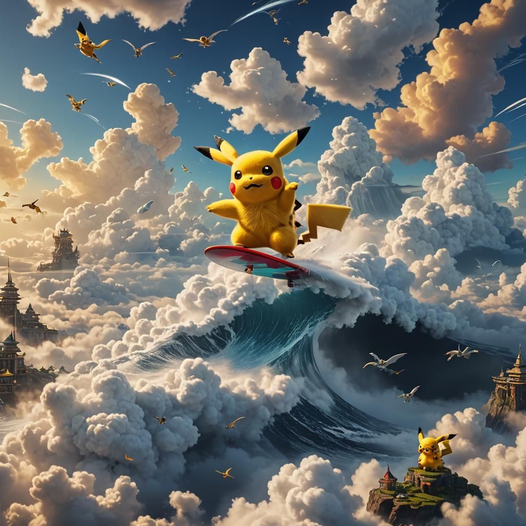 Pikachu Surfing on Clouds: Detailed Matte Painting