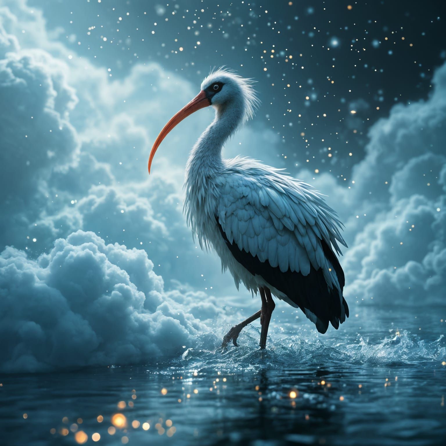 Realistic Ibis in Ethereal Cloudscape