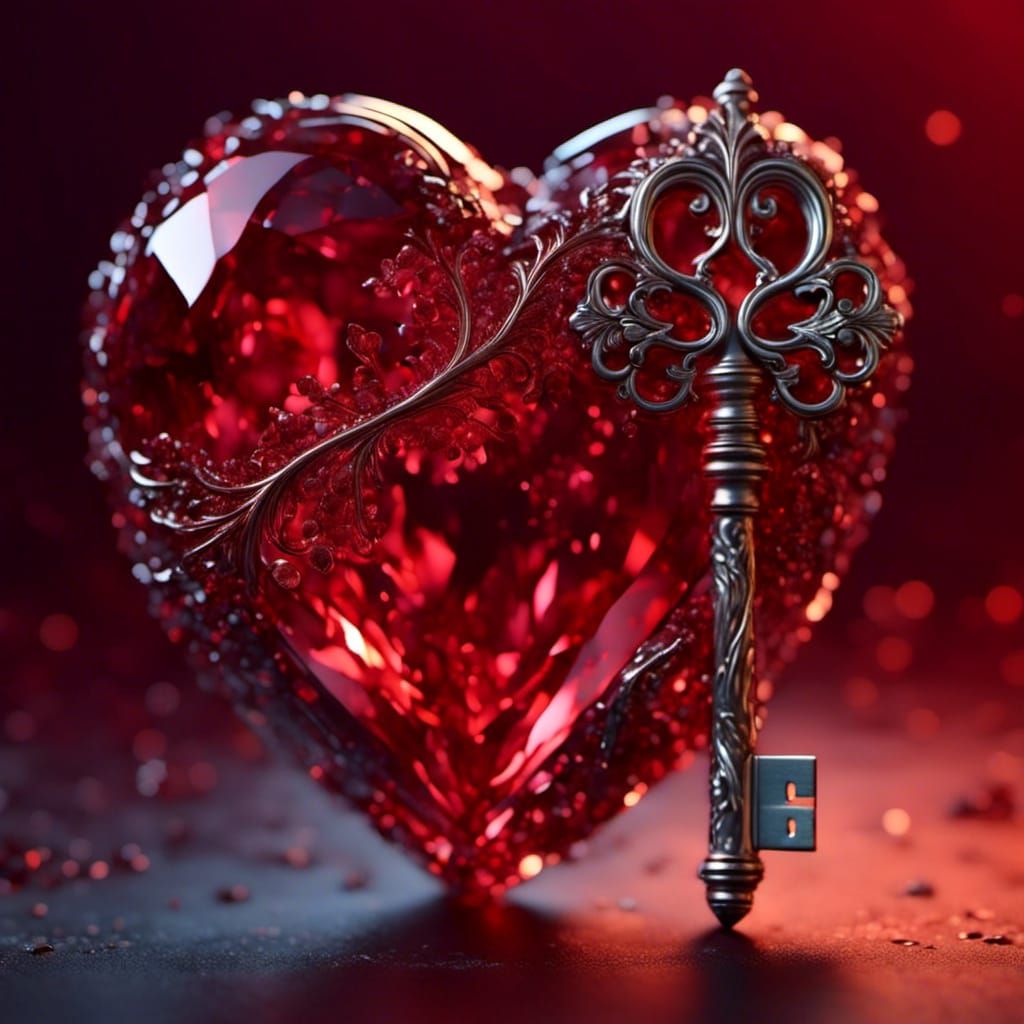 Red Crystal Heart Key: Intricate 3D Render