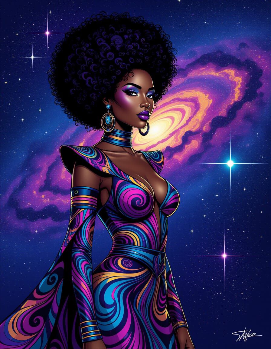 Afrofuturistic Woman in Cosmic Graffiti Style