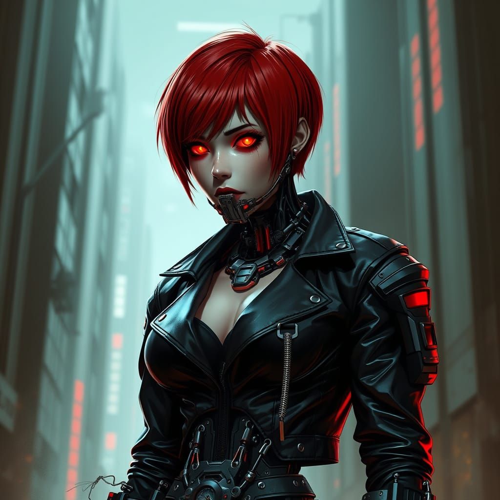 Red-Haired Cyborg Woman in Futuristic Style