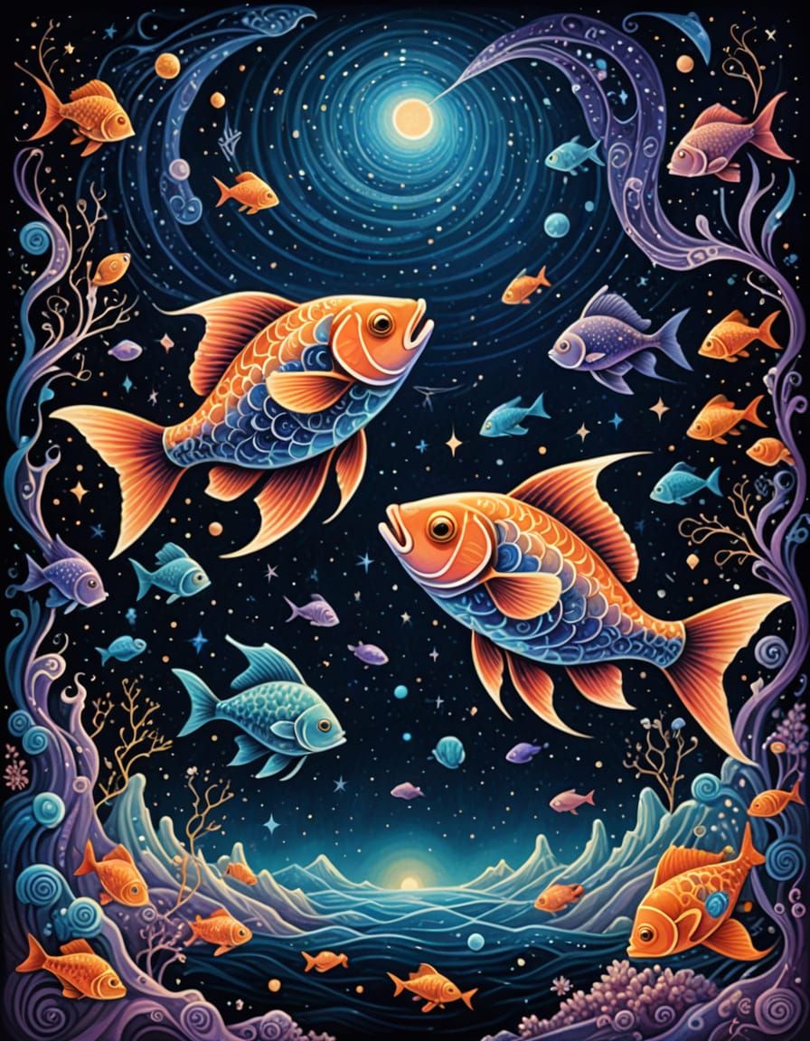 Surreal Fish Swim Amidst Zodiac Constellations Under the Mil...