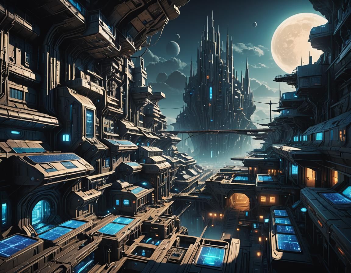 Underground Village on Runaway Moon: Sci-Fi Digital Art