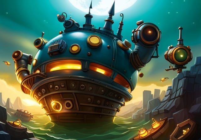 Steampunk Anglerfish Submarine in Coral Reef