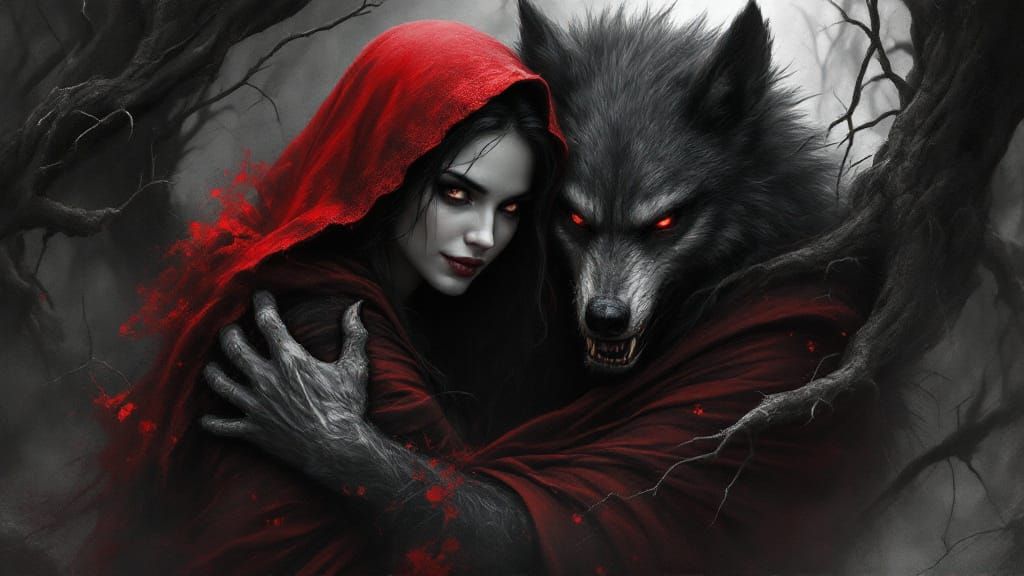 Eerie Forest Encounter: Red Riding Hood in Digital Art
