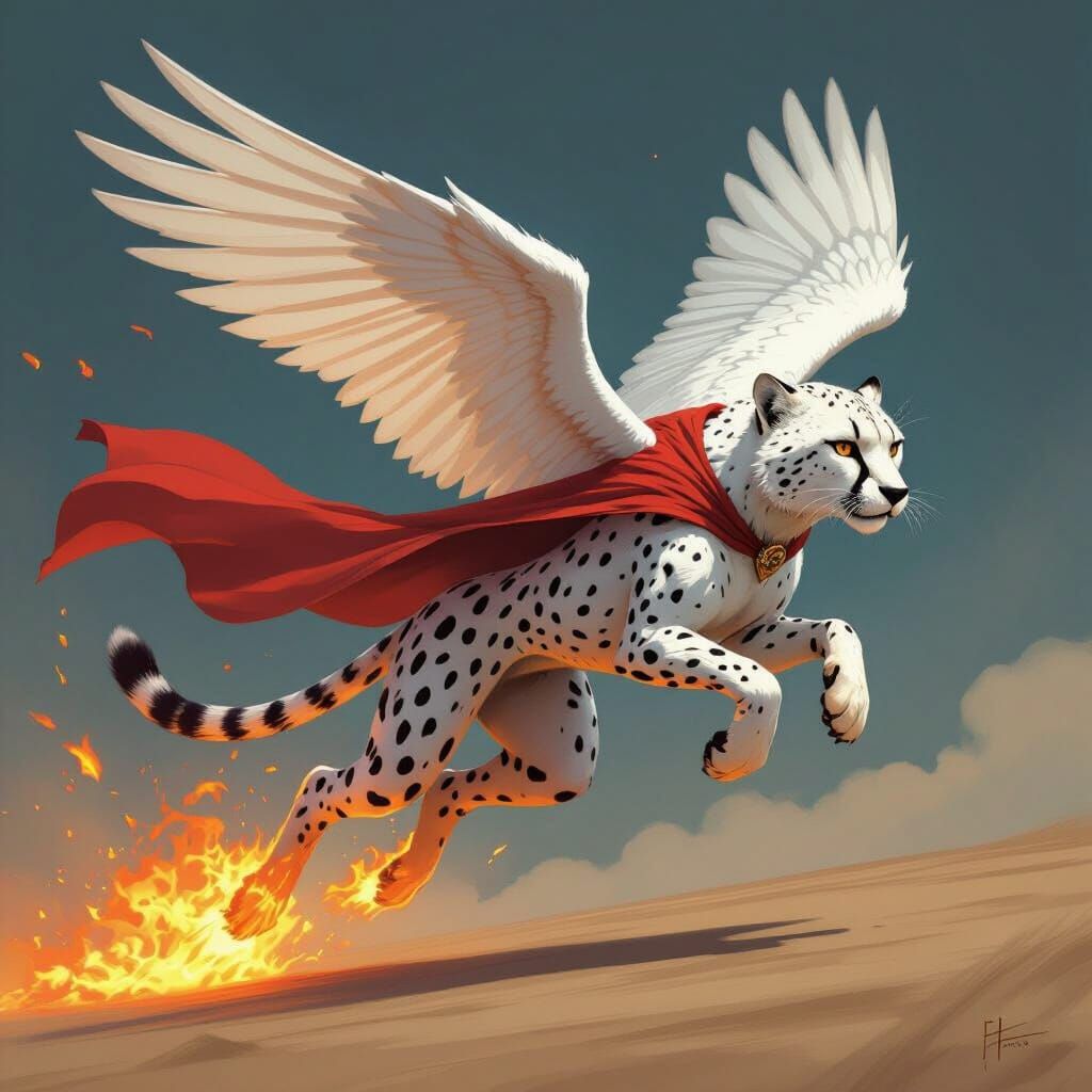 Winged Cheetah Speeds with Flames: Digital Art