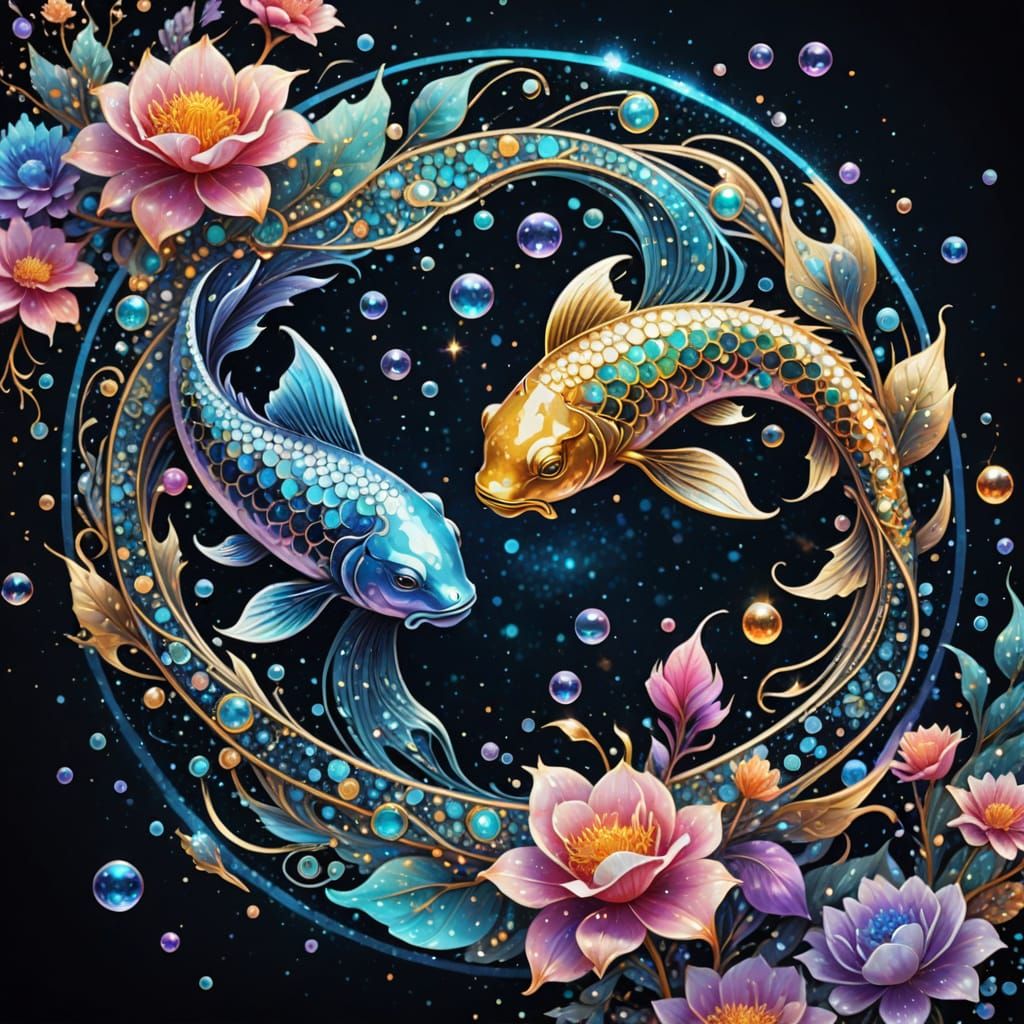 Glimmering Metallic Zodiac Pisces in Ethereal Cosmic Harmony