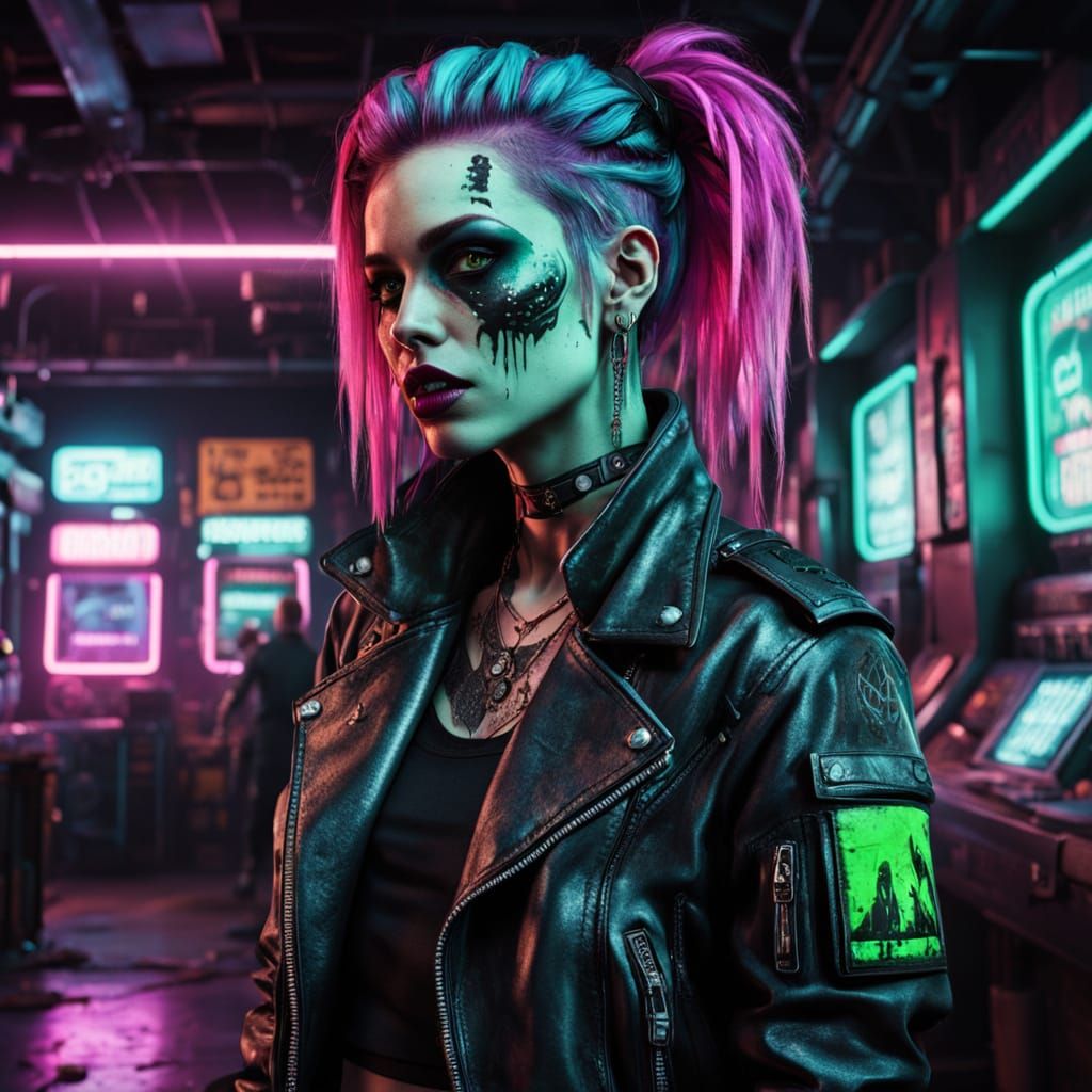 Zombie Punk Girl in Neon Cyberpunk Underground Bar
