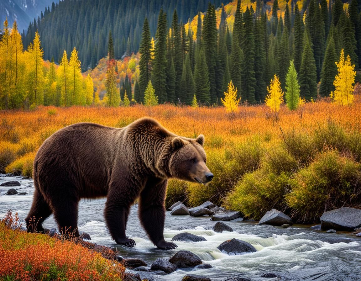 Majestic Grizzly Bear by Mountain Stream
