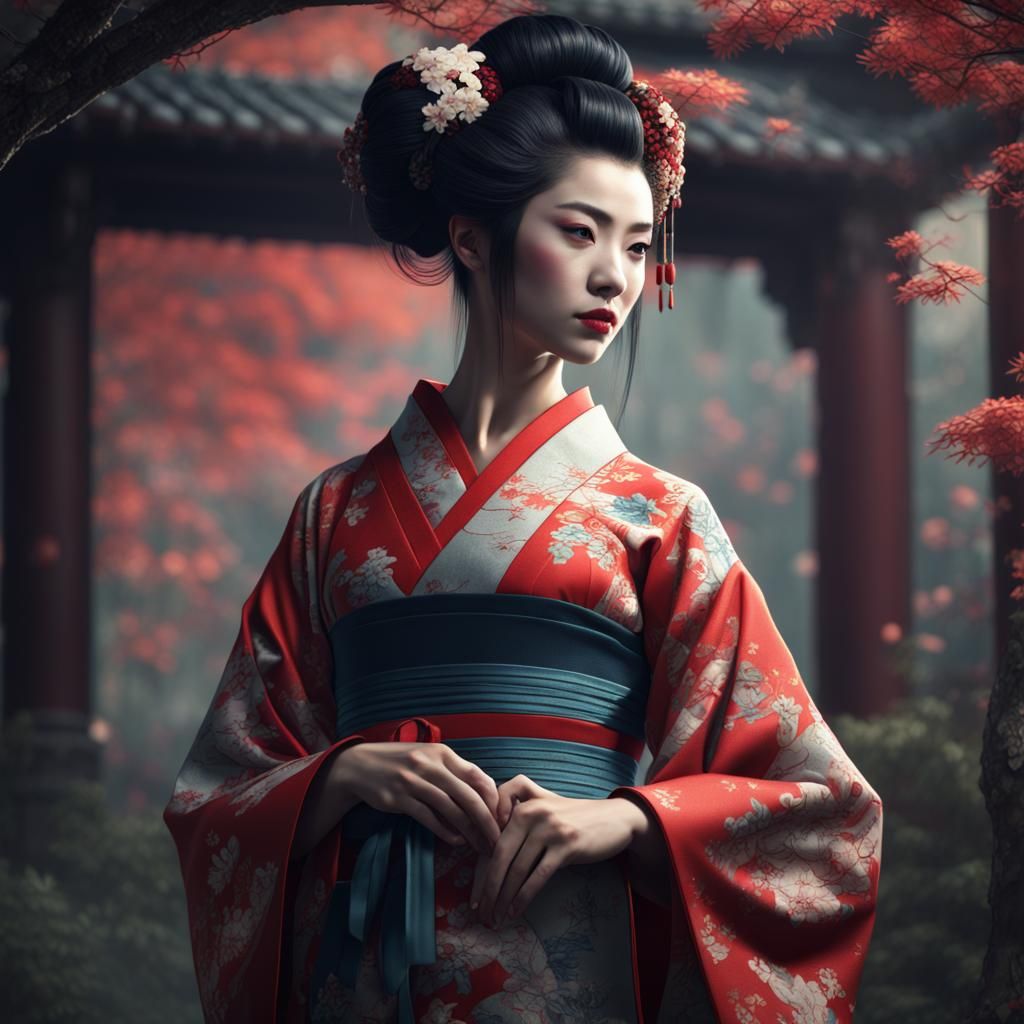Geisha in Embroidered Kimono: Detailed Matte Painting