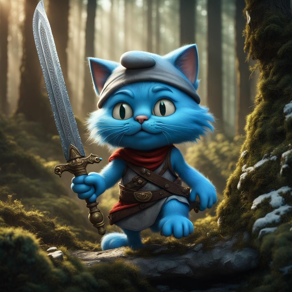 Smurf Cat with Sword in Forest
