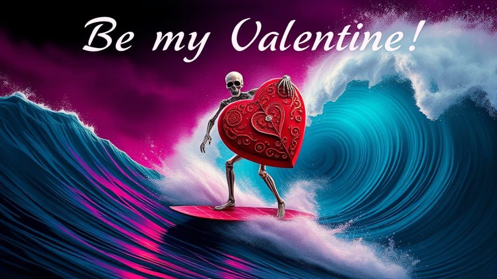 Skeleton Surfer Rides Giant Wave With Candy Heart Box