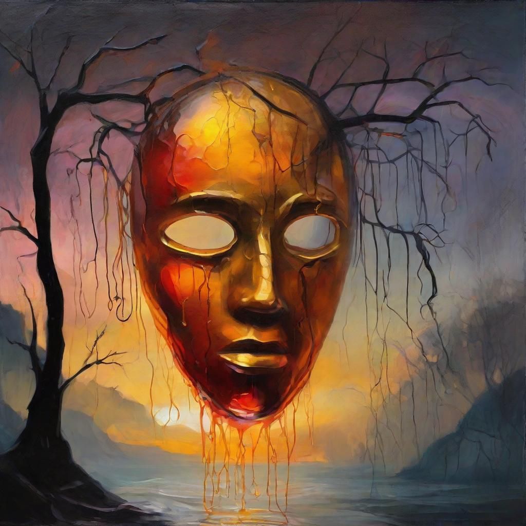 Jelly Mask in Eerie Dusk Landscape: Oil Painting