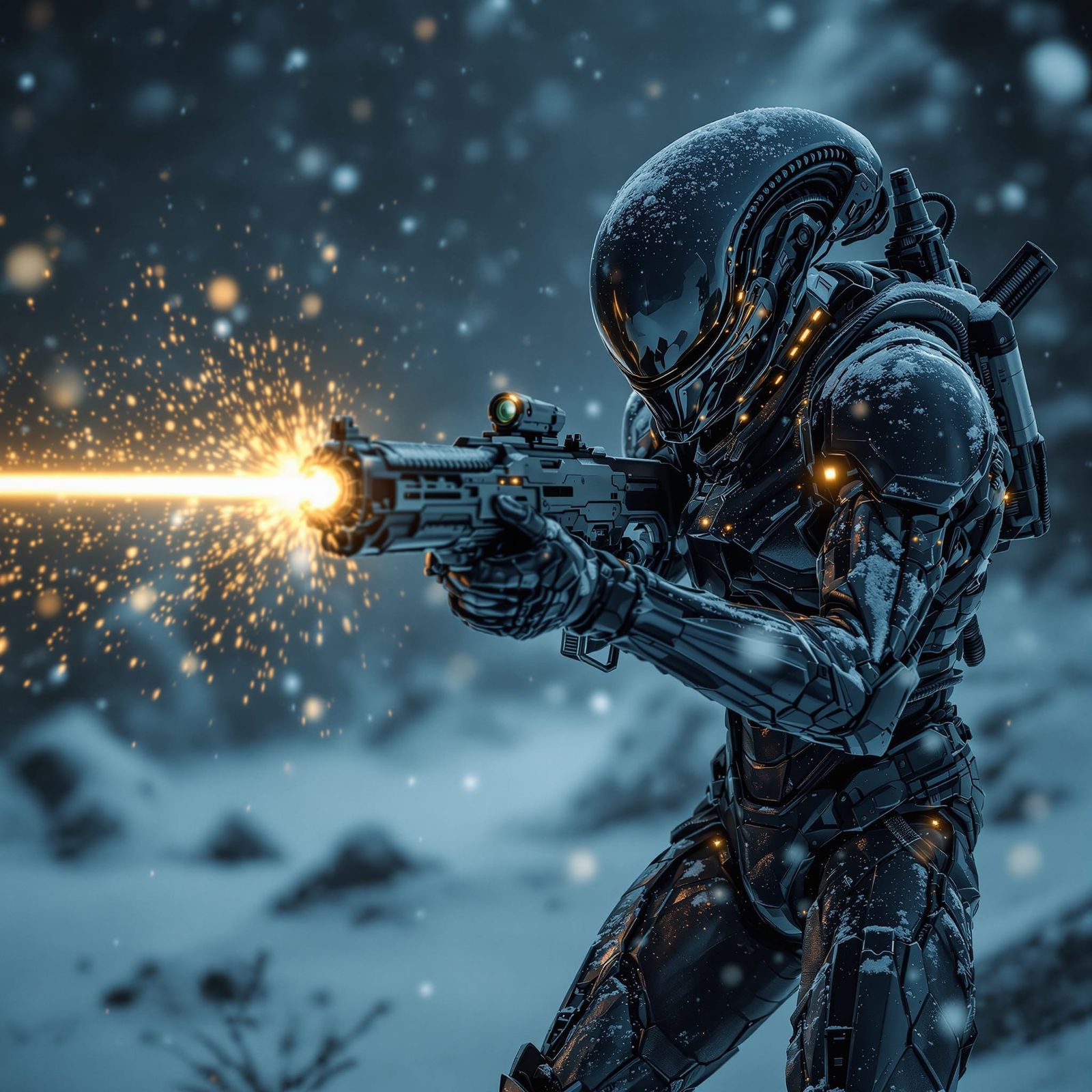 Alien Soldier in Snowstorm Landscape