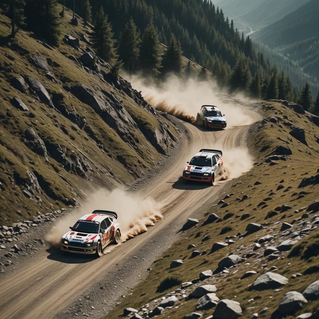Rally Cars Racing Down a Mountain Road