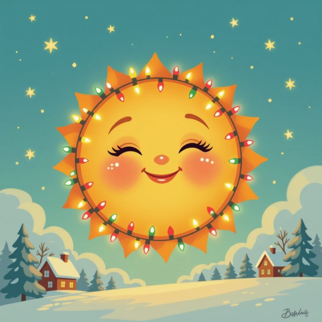 Whimsical Christmas Sun with Festive Lights in Storybook Sty...