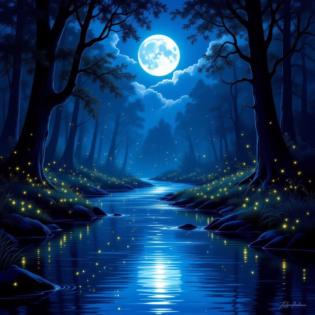 Moonlit Forest River Scene Digital Matte Painting